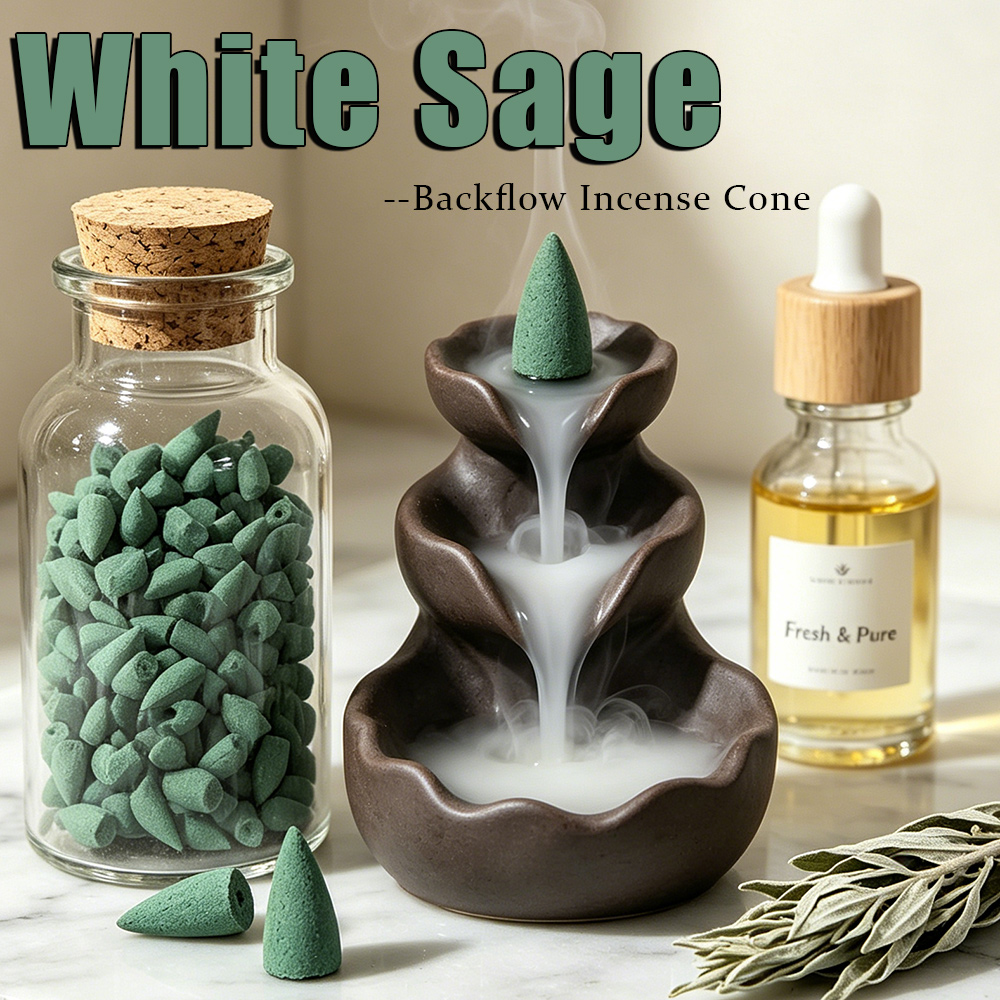 Home Fragrance Vanilla - ホワイトセージの香りのバックフローインセンスコーン、天然の香り豊かなフレグランス、ホワイトセージインセンスパウダー、エッセンシャルオイルで浸した、豊かな香り、長持ちする香り、ヨガ、瞑想、読書、来客を迎える、部屋の装飾、ギフトに最適。