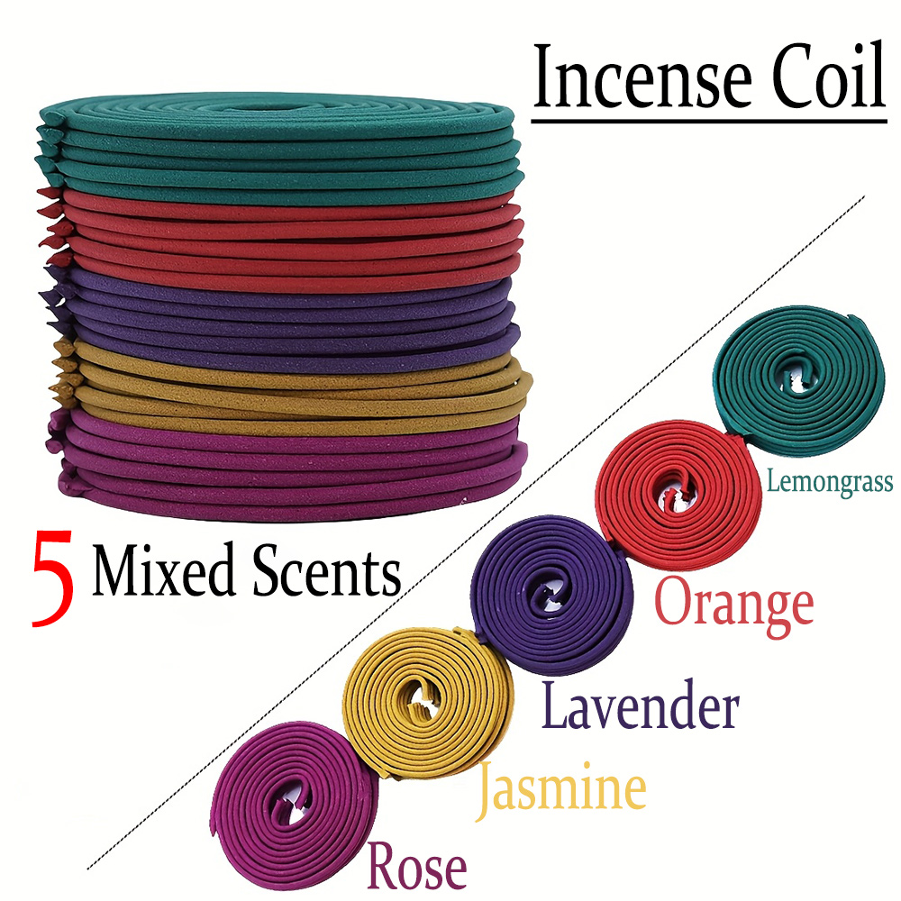 Home Fragrance Rose - 高品質クラシック螺旋香混合セット、6本入り。 直径3cmの手作りコイル香、ラベンダー、オレンジ、ローズ、ジャスミン、レモングラスなど5つの香りをご用意、伝統的な手作り方法、豊かで自然な香り、長持ちする香り、携帯用パッケージ、持ち運びに便利、家庭用および屋外用に最適